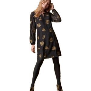 Cabi 3697 Metallic Gold Floral Embroidered Swiss Dot Split Neck Occasion Dress L